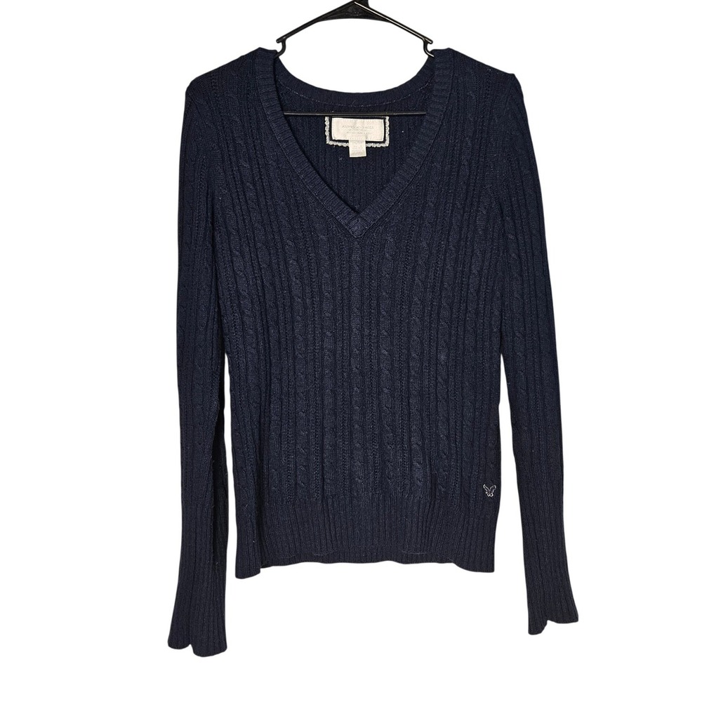 American‎ Eagle Y2K Blue Cable Knit V Neck Sweater Medium Academia Bella Elena